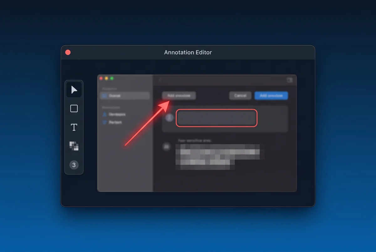 PixelCopy's annotation editor marking up a screenshot with an arrow, a highlight box, and a pixelated blur region