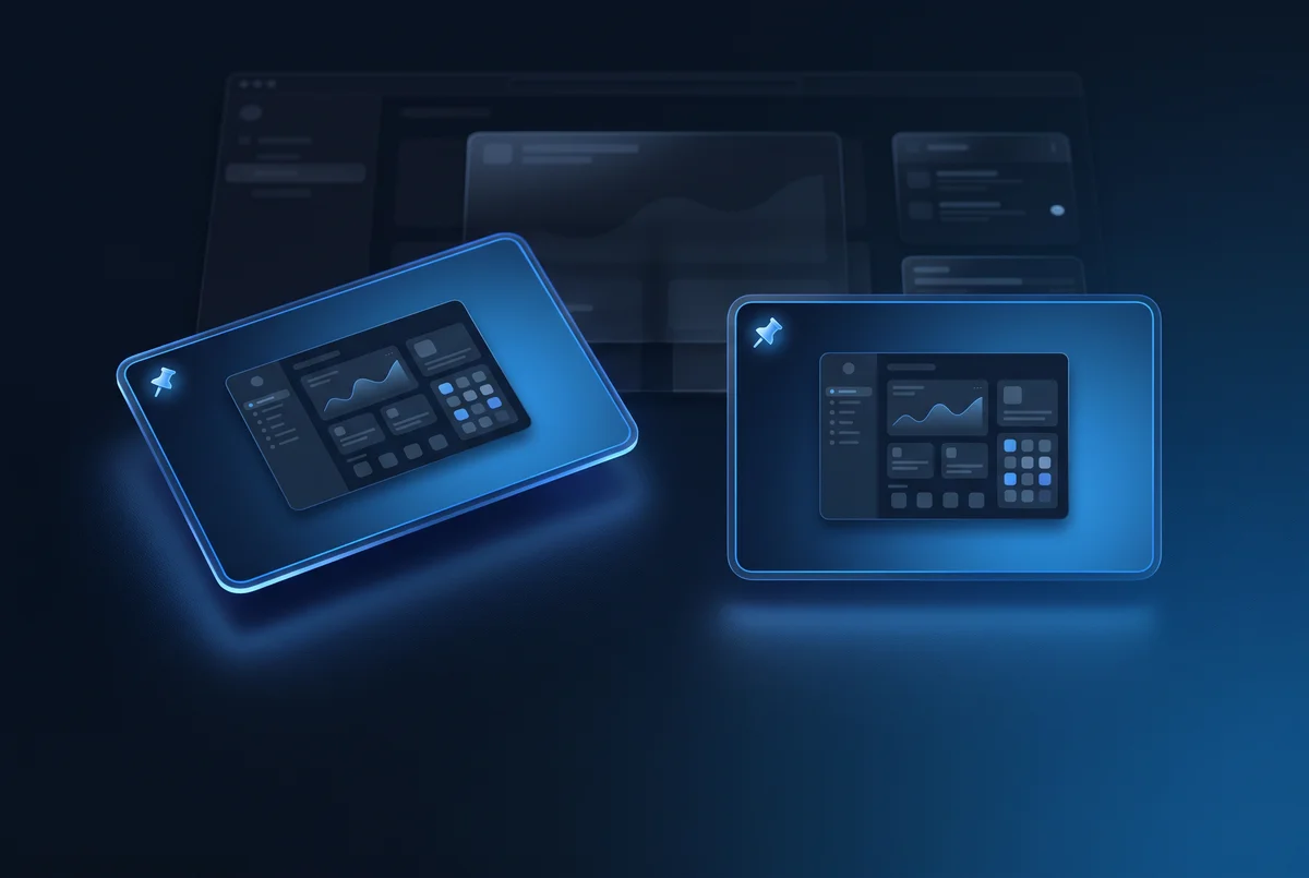 Two captured screenshots pinned as floating cards above dimmed windows on a desktop