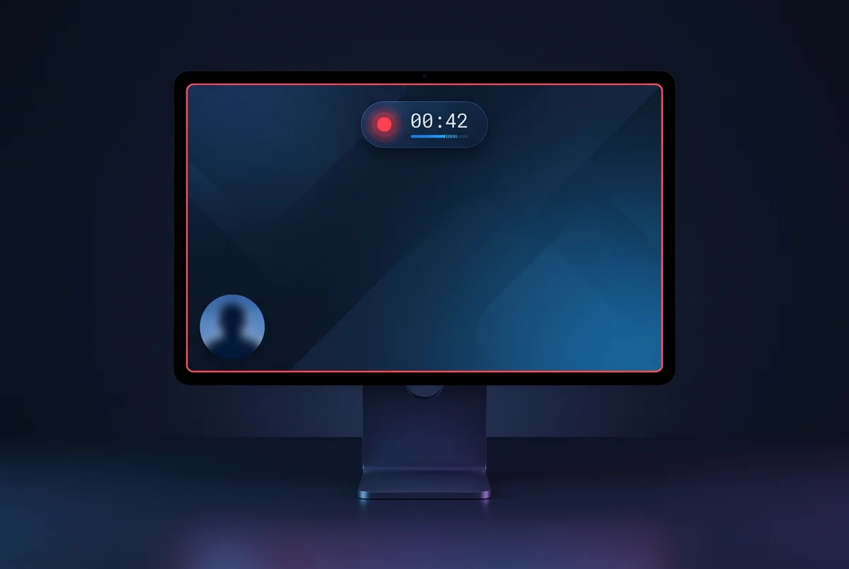 A screen recording in progress with a floating timer widget and a circular webcam bubble
